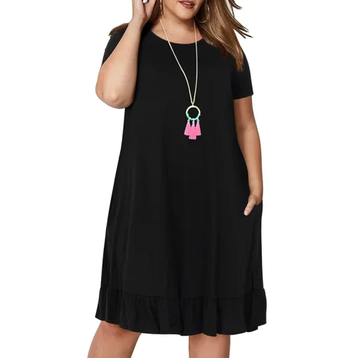 Plus Size Spring Loose Ruffled Solid Dress for Women - Image 2