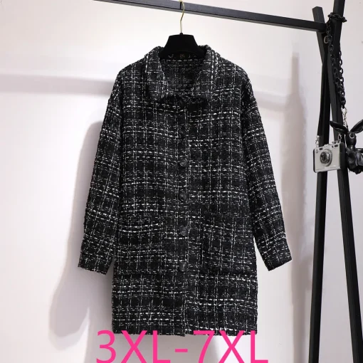 Plus Size Women's Black Plaid Woolen Long Overcoat