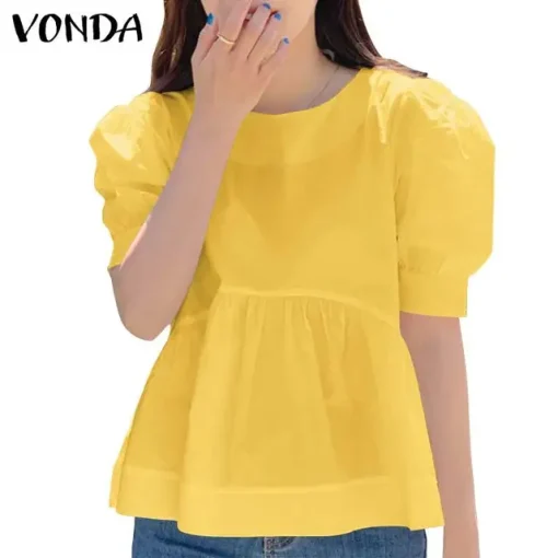 Women's Summer Pleated Crew Neck Casual Blouse - Image 10