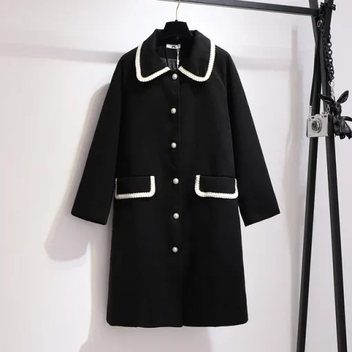 Plus Size Women's Loose Black Woolen Overcoat with Pockets - Image 6