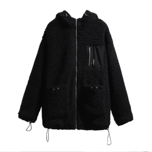 Plus Size Women's Black Fleece Hoodie Zipper Jacket Coat