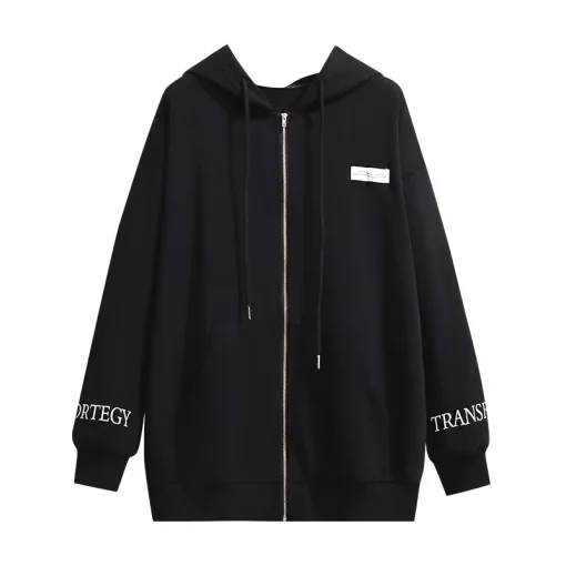 Plus Size Black Hoodie Zipper Sweatshirt Jacket for Women - Image 2