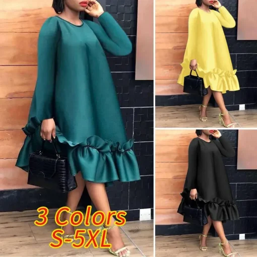 Elegant Plus Size Midi Dress with Ruffled Long Sleeves