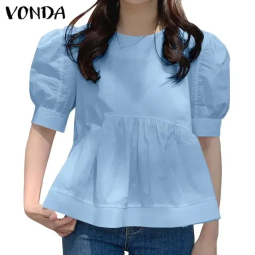 Women's Summer Pleated Crew Neck Casual Blouse - Image 7