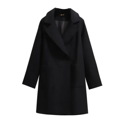 Plus Size Women's Black Woolen Button Overcoat with Long Sleeves - Image 2