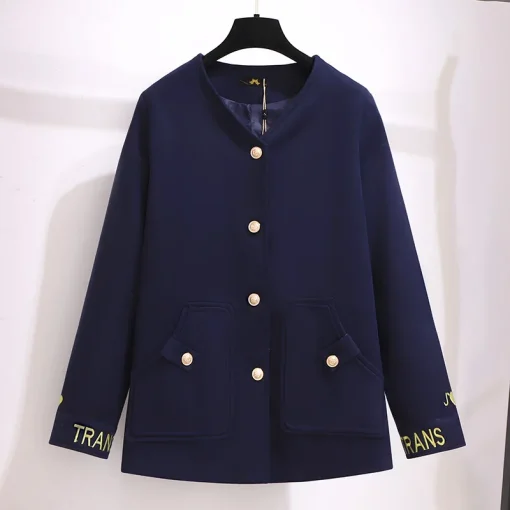 Plus Size Women's Long Sleeve Blue Woolen Overcoat