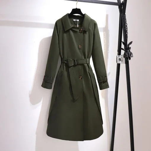 Plus Size Women's Green Belted Windbreaker Overcoat - Image 3