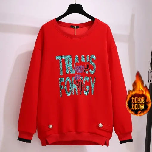 Plus Size Women's Red Velvet Print Pullover Sweatshirt Coat - Image 3