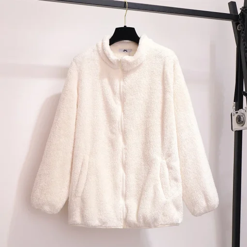 Plus Size Pink Beige Fleece Jacket for Women - Image 2