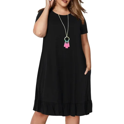 Plus Size Spring Loose Ruffled Solid Dress for Women - Image 6