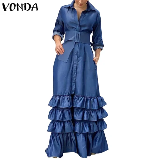 Women’s Vintage Maxi Dress with Long Sleeves and Ruffles - Image 7