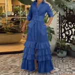 Bohemian Denim Belted Maxi Dress with Long Sleeves