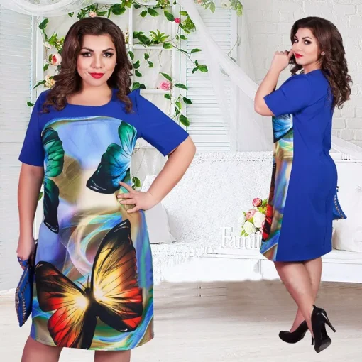 Plus Size Loose Butterfly Print Summer Dress for Women - Image 2