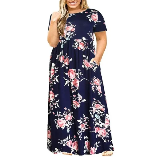 Plus Size Short Sleeve Print Summer Maxi Dress for Women