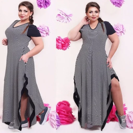 Plus Size Black and White Stripe Split Dress Women - Image 2