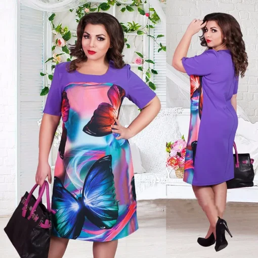 Plus Size Loose Butterfly Print Summer Dress for Women