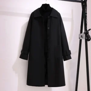 Plus Size Women's Black Woolen Long Sleeve Overcoat