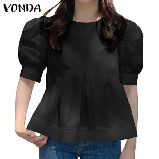 Women's Summer Pleated Crew Neck Casual Blouse - Image 8