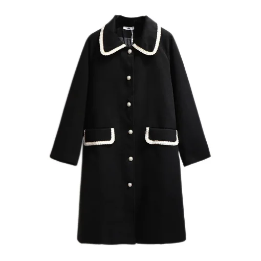 Plus Size Women's Black Woolen Button Windbreaker Overcoat - Image 3