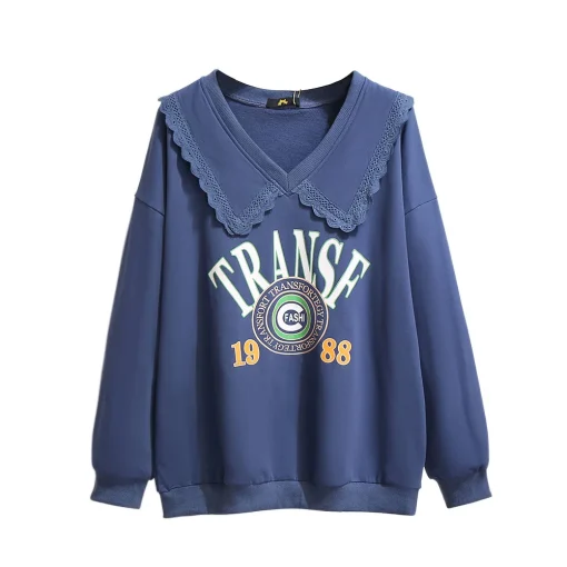 Plus Size Women's Blue Velvet Print Pullover Sweatshirt - Image 3