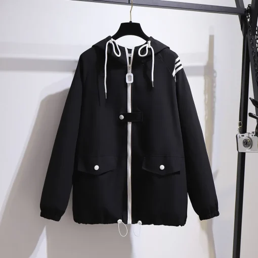 Plus Size Women's Black Zipper Hoodie Jacket with Pockets - Image 4