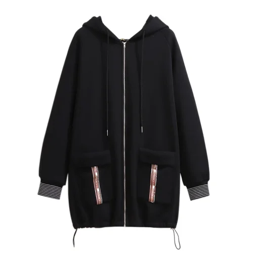 Plus Size Women's Black Velvet Hoodie Sweatshirt Jacket - Image 3