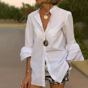 Women’s Elegant White V Neck Blouse with Flare Sleeves