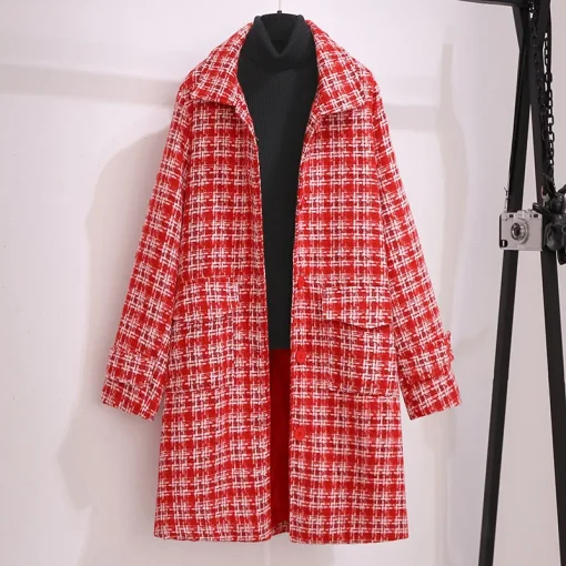 Plus Size Red Plaid Long Coat for Women - Image 4