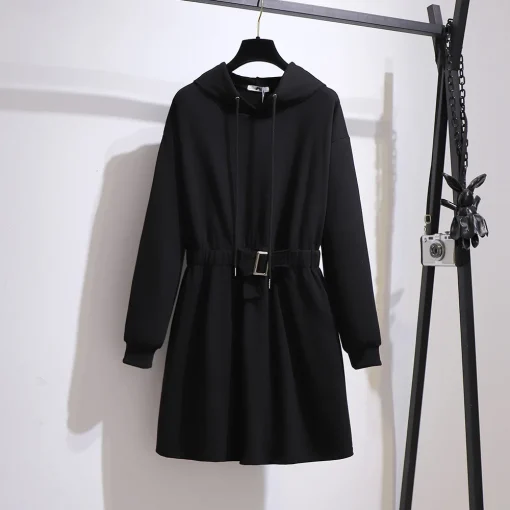 Plus Size Women's Black Hoodie Sweatshirt Coat with Belt