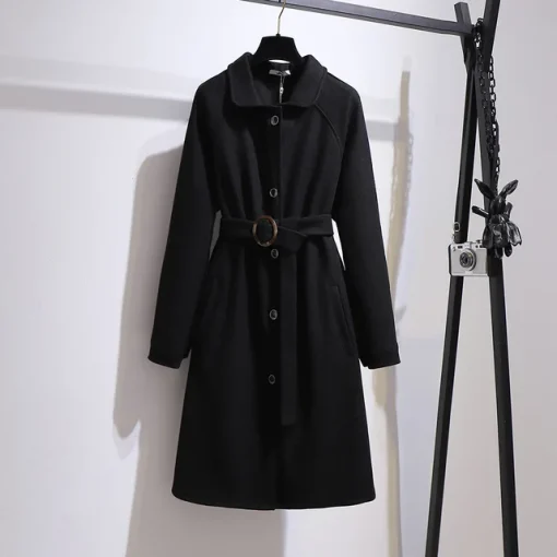 Plus Size Women's Black Wool Overcoat with Belt - Image 7