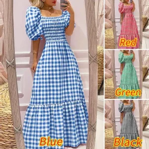 Women Bohemian Maxi Sundress Puff Sleeve Square Collar