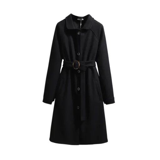 Plus Size Women's Black Woolen Belted Overcoat with Pockets