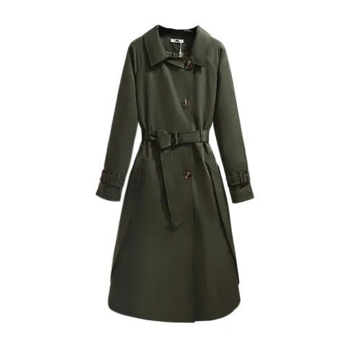 Plus Size Women's Green Belted Windbreaker Overcoat