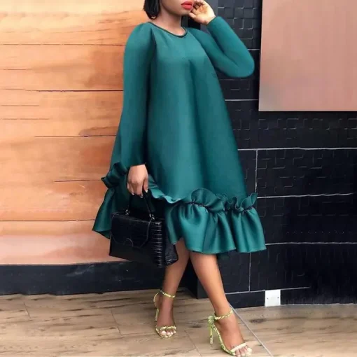 Elegant Plus Size Midi Dress with Ruffled Long Sleeves - Image 8