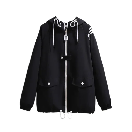 Plus Size Women's Black Zipper Hoodie Jacket with Pockets