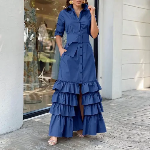 Bohemian Loose Ruffle Maxi Dress with Long Sleeves - Image 5