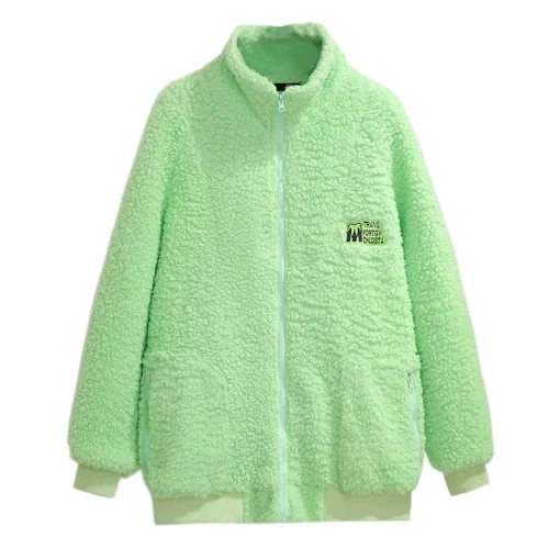 Plus Size Women's Loose Green Fleece Zipper Jacket - Image 3