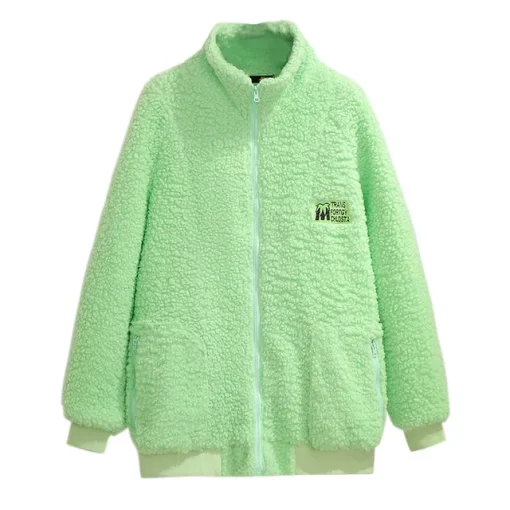 Plus Size Women's Loose Green Fleece Zipper Jacket - Image 6