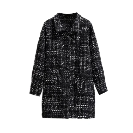 Plus Size Women's Black Plaid Woolen Long Overcoat - Image 2