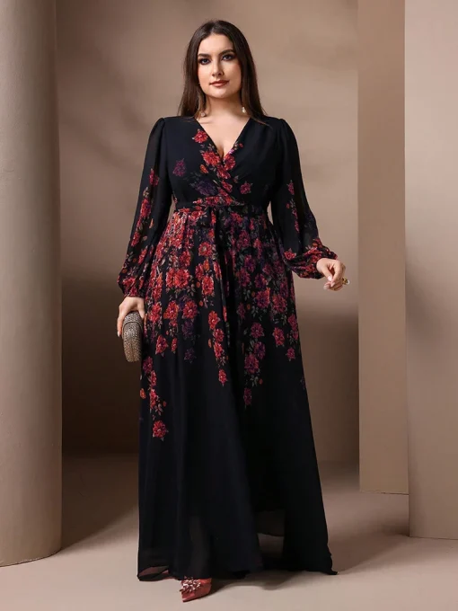 Elegant Plus Size Floral Print V-Neck Long Sleeve Maxi Dress - Image 5