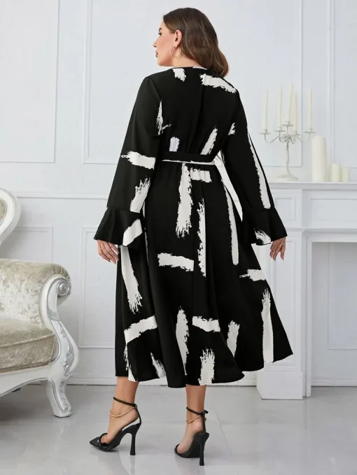 Elegant Plus Size Striped V-Neck Long Sleeve Dress - Image 2