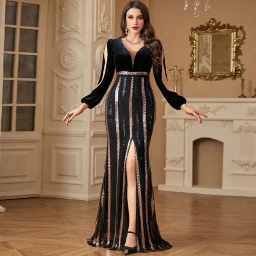 Women’s Velvet Pearl Embroidered High Slit Evening Gown - Image 4