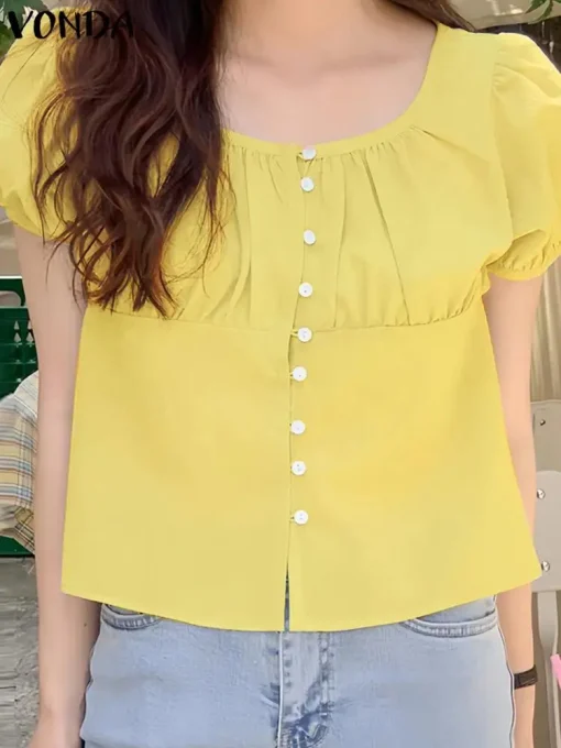 Women's Elegant Short Sleeve Pleated Blouse Tunic Top - Image 2