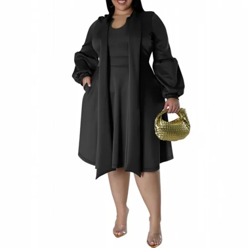 Plus Size Elegant Black Long Sleeve Midi Dress - Image 7