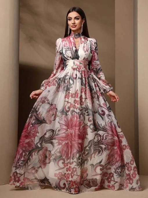 Floral Print Cut-Out Long Sleeve High Waist Summer Maxi Dress - Image 4