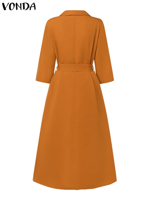 Plus Size Autumn Office Dress with Belt, Turn-Down Collar - Image 3