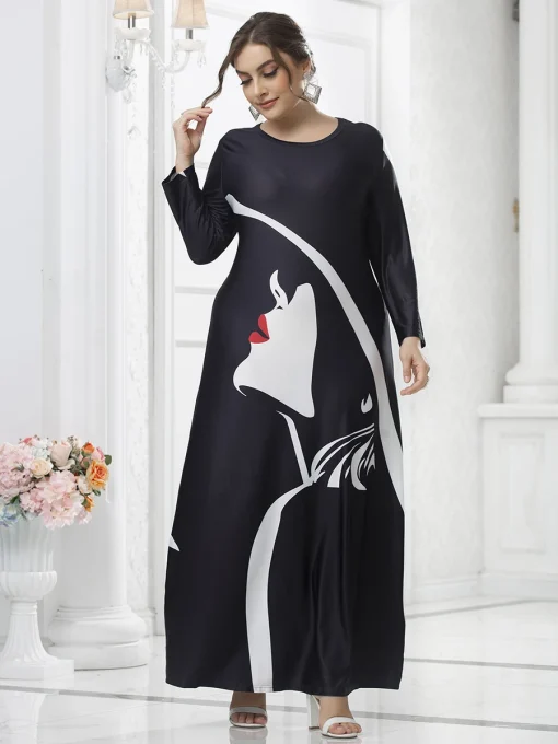 Plus Size Black Long Sleeve Print Casual Maxi Dress - Image 3