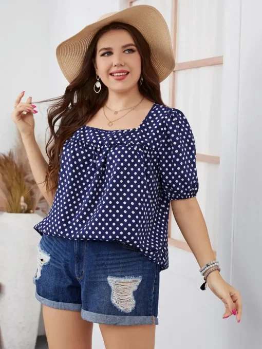 Plus Size Women's Plaid Polka Dot Round Neck Blouse - Image 5