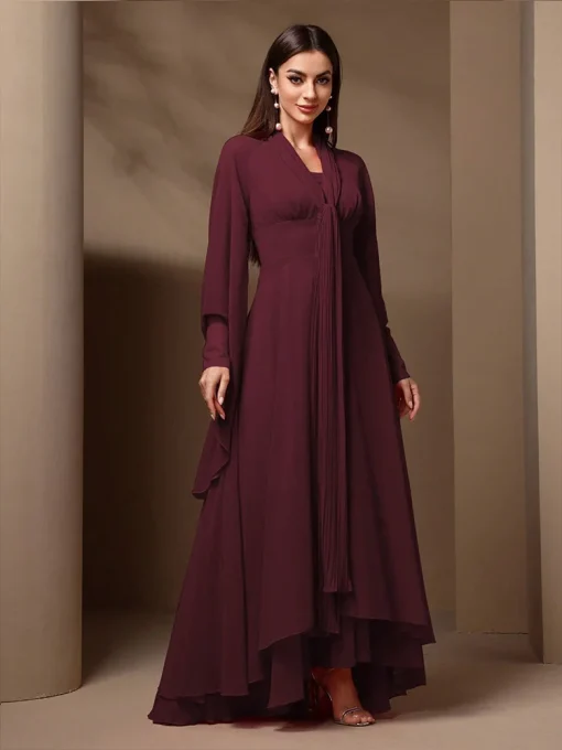 Solid Color Bell Sleeve Fit and Flare Chiffon Maxi Dress - Image 3