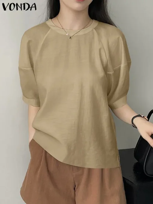 Women's Sexy O-Neck Short Puff Sleeve Blouse - Image 2